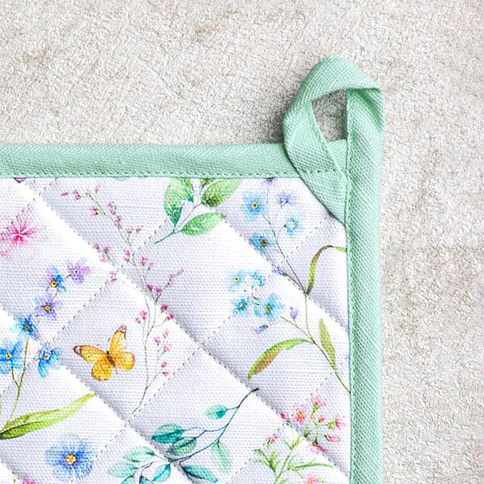Maison d' Hermine Pot Holders 100% Cotton Heat Resistant Potholders 8" x 8" Hot Pads with Loop BBQ Cooking Baking Gifts for Mothers Day Handling Hot Pans Spring/Summer (Pack of 2, Just Floral)