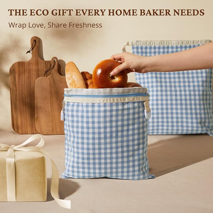 BRONYPRO Reusable Beeswax and Linen Bread Bags with Zipper, 2-Pack Waxed Bread Bags for Homemade Bread & Sourdough, Sustainable Loaf Storage to Lock in Freshness, Large 17x12.6in, Blue Gingham
