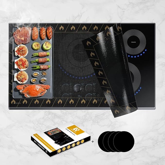 KitchenRaku Large Induction Cooktop Protector Mat 20.4 x 30.7 inch, Translucent (Magnetic) Electric Stove Burner Covers Antiscratch as Glass Top Stove Cover or Electric Stove Top (Flame Pattern)