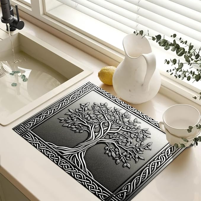 HOMETITUTE Tree Stove Top Covers Pad 28 x 20 inches Silver Tree of Life Kitchen Decorations Dish Drying Mat Coffee Bar Mats Kitchen Decor Absorbent Pad Fit Coffee Maker Machine Dish Drying