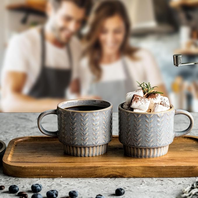 Miamolo Coffee Mugs Set of 4 with Stand and Spoons, Dishwasher Safe | Stackable, 13oz, for Espresso Drinks Latte Cappuccino Tea, Ceramic Coffee Cup for Housewarming Birthday Gift, Rustic
