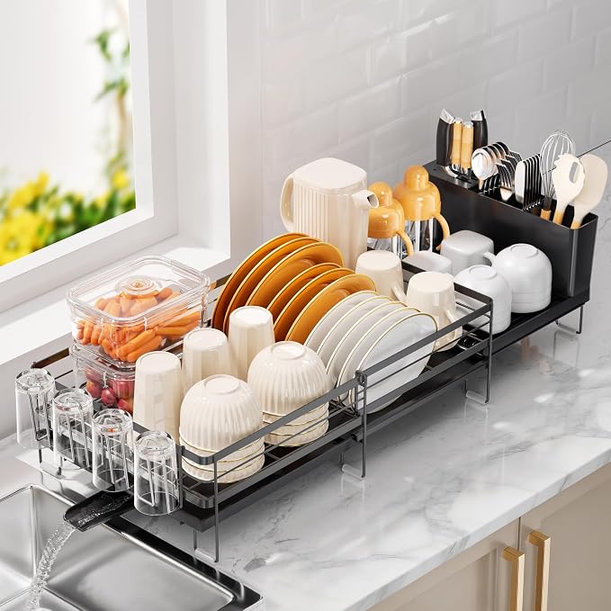 Delamu Stainless Steel Dish Drying Rack, Expandable Dish Drainer, Anti-Rust Large Dish Racks for Kitchen Counter, Dish Strainers with Drainboard, Utensil & Cup Holder, 13.4"-28.7" L x 11.8" W, Black