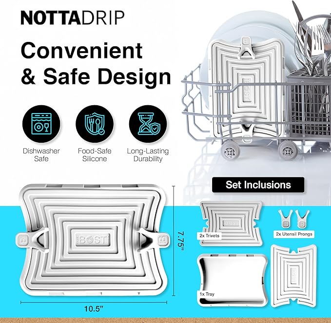 Nottadrip Silicone Spoon Rest for Stove Top - Kitchen Spoon Rest for Countertop, Ladle Holder, All in 1 Serving Station, Elevate Handles, Drip to Tray, Mess Free - 5PC Trivet Set - White