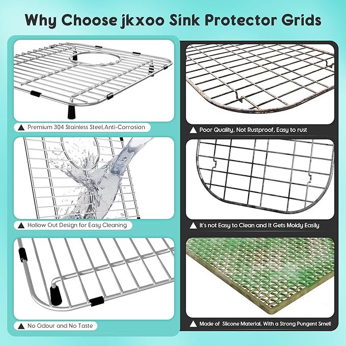 2Pack Sink Protectors for Kitchen Sink 13.1''x11.6''x1'', 304 Stainless Steel for Kitchen Sink Grate with Rear Drain, Sink Grate Sink Rack for Bottom of Sink with 2Pack Sink Strainers