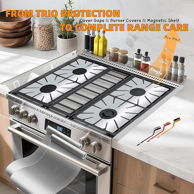 Stove Gap Covers Stainless Steel 2PC(0.08"–0.7" W,13.8"–27.5" L)+30"(2×15") Silicone Magnetic Stove Shelf+4PC Gas Burner Covers|Heat Resistant Non-Stick Range Accessories,Bonus Cleaning Brushes