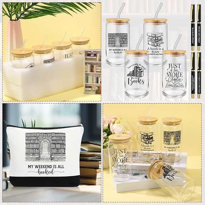 16 Pcs Books Club Gifts Book Lovers Gifts for Women Blind Date with a Read Include 16 oz Glass Cup Canvas Makeup Bag Ballpoint Pen Card for Librarian Reader Bookish Teacher