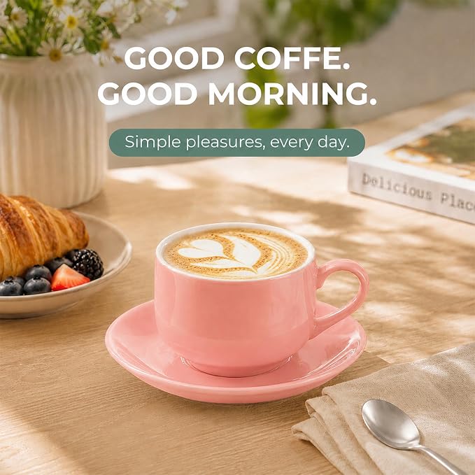 8 Ounce Cappuccino Cups Set of 4, Stackable Cappuccino Mugs, Includes Display Stand, Cups Saucers, and Spoons, for Machines & Home Use, Pink, Silver Tone