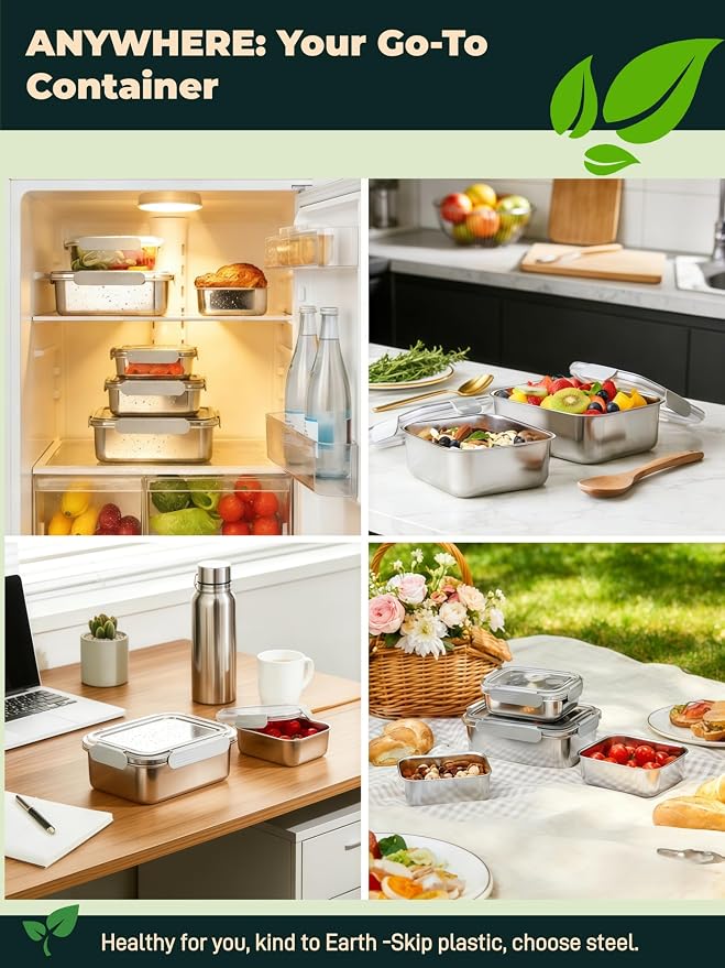 Stainless Steel Food Storage Containers with Leak-Proof Latching Lid, Reusable Bento Lunch Box for Snacks & Meal Prep, Oven/Dishwasher/Freezer Safe, Silver, Combo(22/44/82oz)
