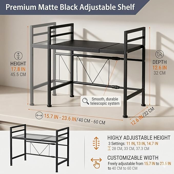 PUSDON Textured Black Microwave Oven Rack, Expandable 2-Tier Kitchen Countertop Organizer, Heavy Duty Carbon Steel Stand with 3 Hooks, Adjustable Height & Length