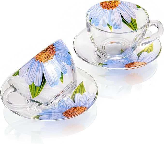 STP GOODS Glass Tea Cup and Saucer Set of 2 Glass Teacups 6.8 fl oz (200 ml) Cups with Matching Saucers for Two, Tea Coffee Set for 2, Coffee Cups, Dishwasher and Microwave safe (Daisy)