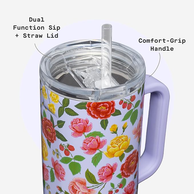 Corkcicle x Rifle Paper Co. Cruiser Insulated Tumbler with Handle & Straw - Keeps Drinks Cold 20 Hours - BPA-Free - Gift for Mom - Great for Mother's Day or Christmas - 40 oz - Roses Purple
