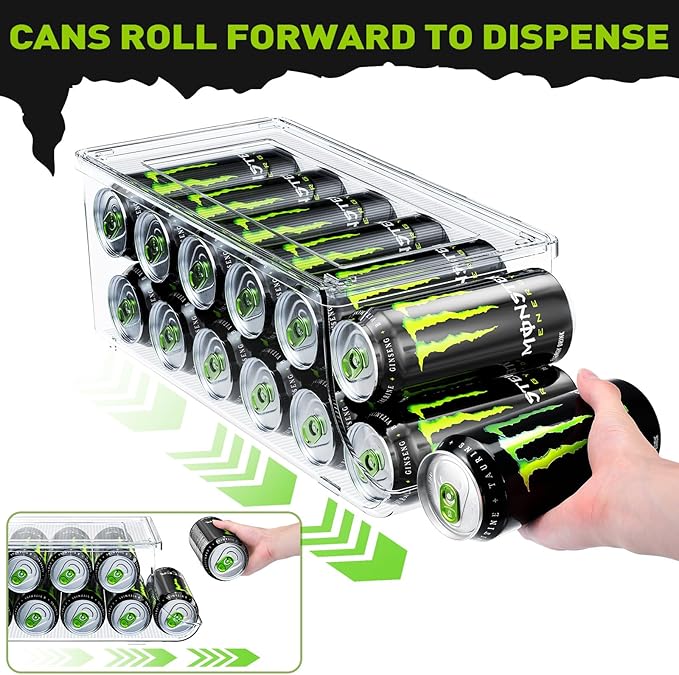 SCAVATA Soda Can Organizer for Refrigerator for Tall Cans of 16oz & 17oz, Stackable Beverage Cans Container Holder Dispenser with Lid for Fridge Pantry Rack Freezer (One Pack)