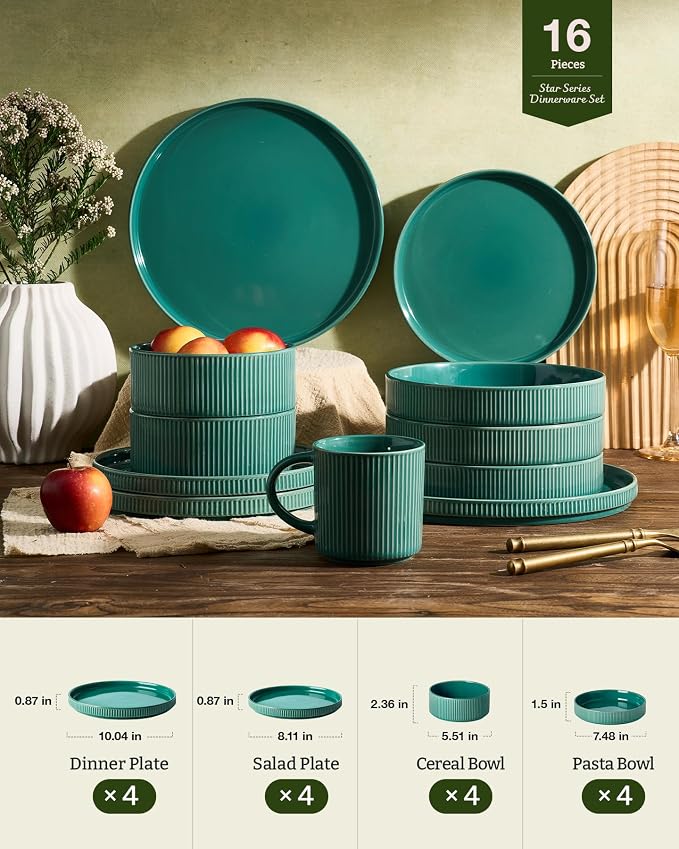 Famiware Star 16-Piece Stoneware Dinnerware Set for 4 – Shallow Pasta Bowls & Flat Plates – Everyday & Formal, Modern Rustic Dishes – Chip & Scratch Resistant, Microwave & Dishwasher Safe, Sage Green