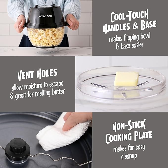 Nostalgia Non Stick Stirring Popcorn Maker for 8 Cups of Theatre Style Popcorn with Hot Oil - Dual-Use Lid & Serving Bowl - Quick Heat Technology & Cool Touch Handles - Ez Store - Black