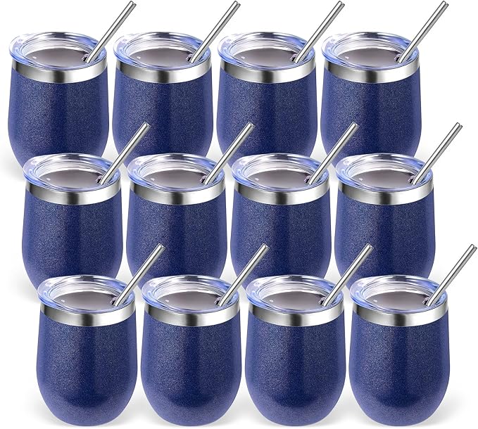 Volhoply 12oz Stainless Steel Wine Tumbler with Lid Bulk 12 Pack,Double Wall Vacuum Stemless Wine Glasses,Reusable Metal Travel Coffe Mug with Straw,Insulated Cups Gifts for Christmas（Navy,12 Set）