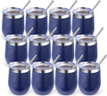 Volhoply 12oz Stainless Steel Wine Tumbler with Lid Bulk 12 Pack,Double Wall Vacuum Stemless Wine Glasses,Reusable Metal Travel Coffe Mug with Straw,Insulated Cups Gifts for Christmas（Navy,12 Set）