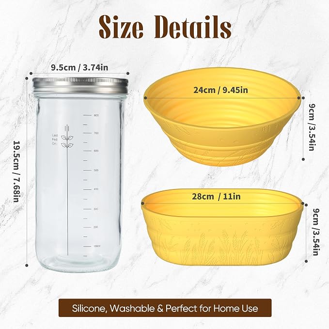Sourdough Starter Kit with Jar – Complete Sourdough Bread Baking Supplies for Beginners, Includes 2 Silicone Proofing Baskets Baking Mat Sour Dough Kit - Yellow
