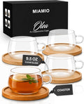 MIAMIO - 4x Glass Coffee/Tea Cups with Saucer (9.5 oz), Cappuccino Mugs/Tea Cup/Glass Mug for Coffee, Tea, Matcha, Latte, Coffee Cup with Saucer in a Set of 4 - Olea (Transparent)