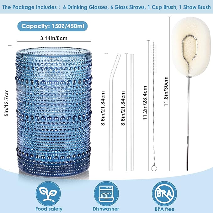 KMIGRUAN Large Hobnail Drinking Glasses Set of 6, 15oz Blue Vintage Glassware, Embossed Glass Cups, Water Tumbler, Highball Glasses For Beer, Juice And Various Mixed Drinks