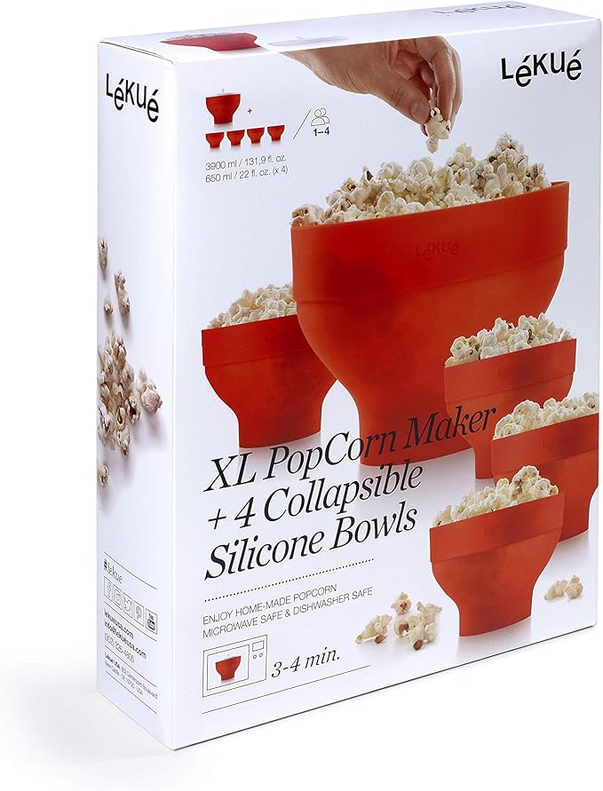 Lekue Jumbo Popcorn Maker with 4 Collapsible Bowls - Platinum Silicone Microwavable Popcorn Bowl Set, Fresh Popcorn in Minutes - Space-Saving & Dishwasher Safe - Healthy Popcorn Recipes included