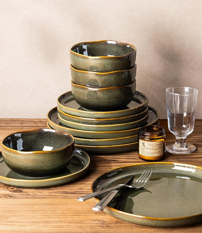 TheTerra Ceramic Dinnerware Sets for 4, 12 Pieces Porcelain Lightweight Plates and Bowls Sets, Scratch Resistant Dish Set, Oven & Microwave & Dishwasher Safe, Olive Moss