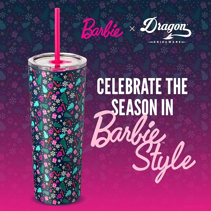 Dragon Glassware x Barbie Vacuum Insulated Tumbler, 24 oz - Christmas | Stainless Steel Tumbler with Straw & Lid; Double Walled Barbie Tumbler; Fits Cup Holders; Official Barbie Merch