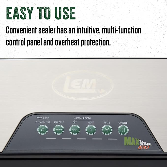 LEM Products MaxVac 100 Vacuum Sealer Machine, Compact Food Vacuum Sealer for Freezer Storage, Includes Bag Roll Holder, Bag Roll