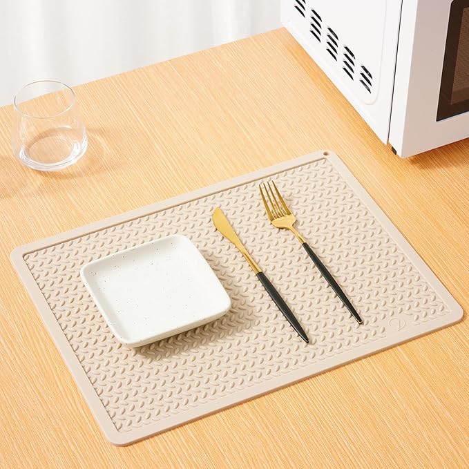 Silicone Drying Mat & Heat Resistant Mat for Kitchen Counter, Non-Slip Dishwasher Safe, Raised Edge for Dishes Bottles Sink (25.5x17.7in, Beige)