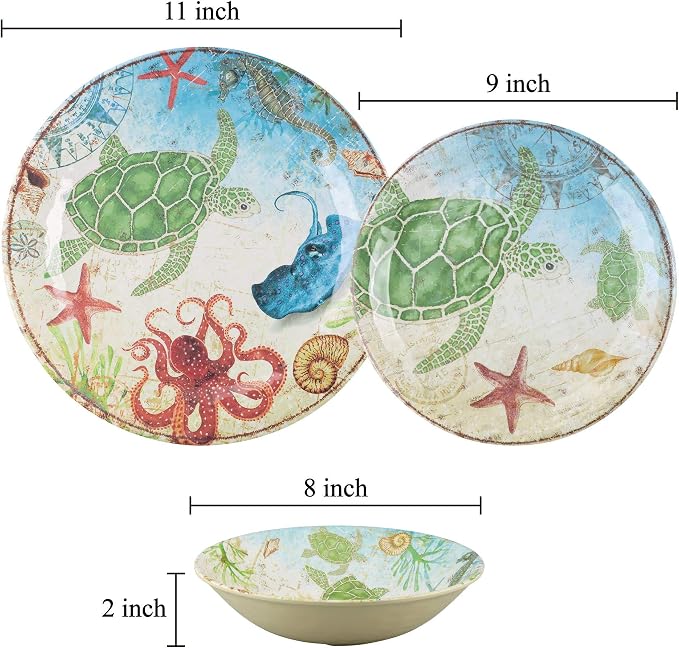 UPware 12 Piece Sea Turtle Melamine Dinnerware Sets, Outdoor Dishes Set, Plates and Bowls Sets, Service for 4, Multicolor