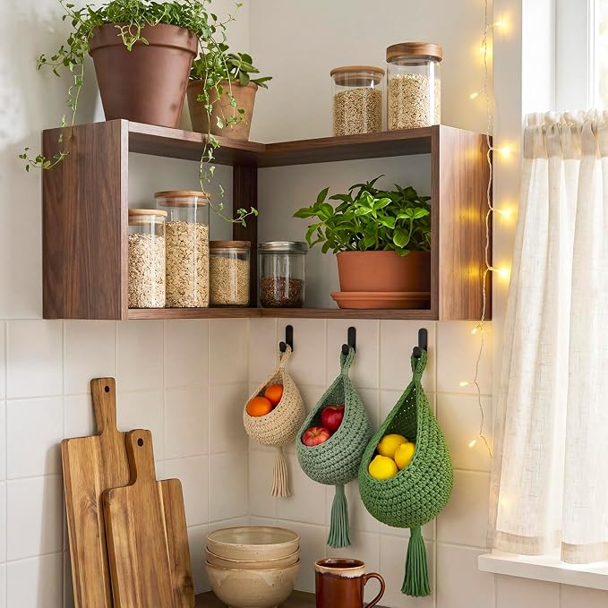 Honeydak Boho Decor Hanging Wall Baskets for Kitchen 3 Pack Teardrop Baskets with Hooks Storage Fruit Onion Vegetable Potato for Home 3 Sizes(Sage Color Palette,Tassel,Cotton Rope)