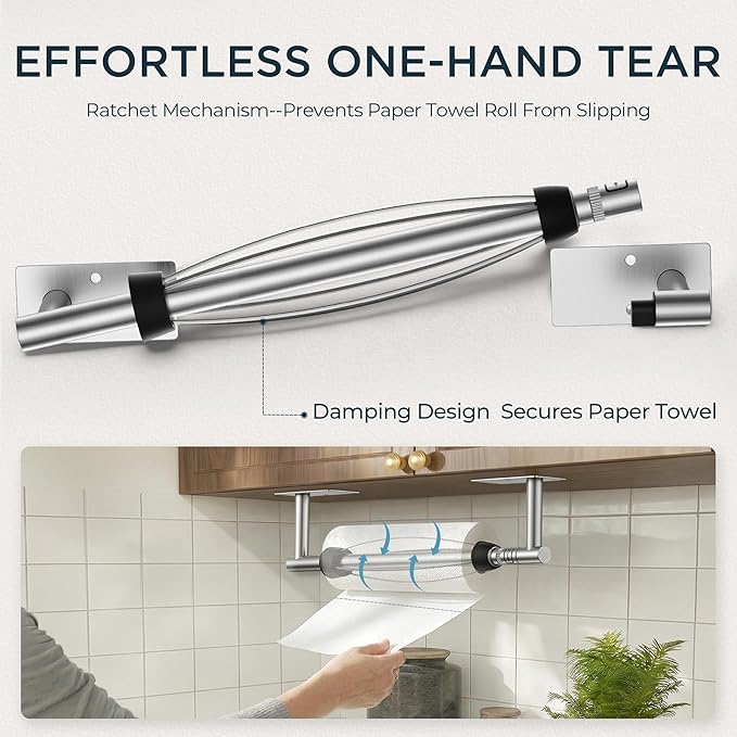 FORIOUS Paper Towel Holder Under Cabinet, Single Hand Operable with Adjustable Damping for Easy Tear, Adhesive or Drill Wall Mount,304 Stainless Steel Commercial Paper Towel Holder for Kitchen, Silver