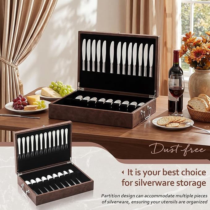 DoubleFill 1 Layer Leather Silverware Storage Box with Lid and Handles, Anti Tarnish Silverware Storage Chest Case with Felt-lined for 12 Sets of Utensils Flatware Gifts, 15.3x11.2x3.6 Inch