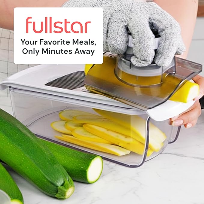 Fullstar Mandoline Slicer for Kitchen, Fruit Cutter, Cheese Grater, Cucumber Slicer, Veggie Spiralizer, Food Cutter & Kitchen Gadgets & Gifts with Safety Glove (6 in 1, Black)
