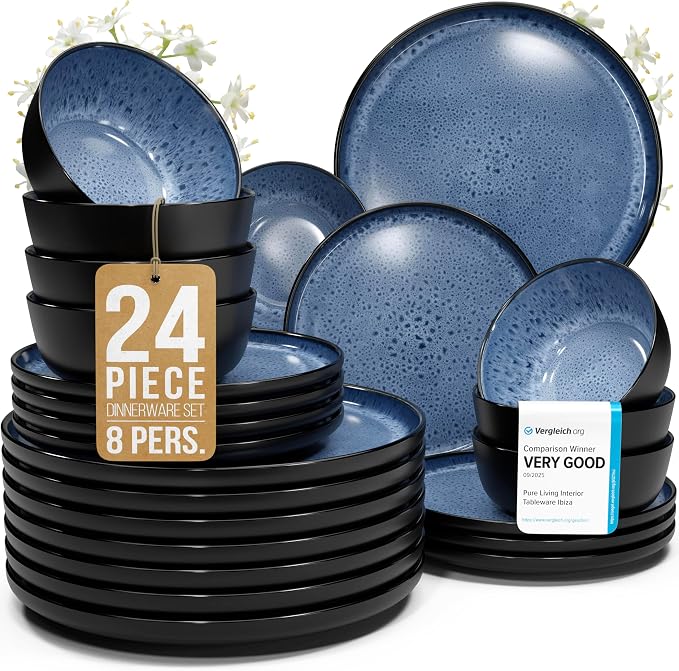 24 Piece Stoneware Dinnerware Set for 8 - Handmade Reactive Glaze Plates and Bowls Set - Chip & Scratch Resistant Dish Set - Dishwasher Microwave Safe - Deep Blue