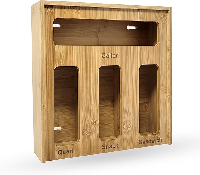 Bamboo Ziplock Storage Organizer for Kitchen Drawer with Sliding Lid – 4 Slot Holder for Gallon, Quart, Snack & Sandwich Bags