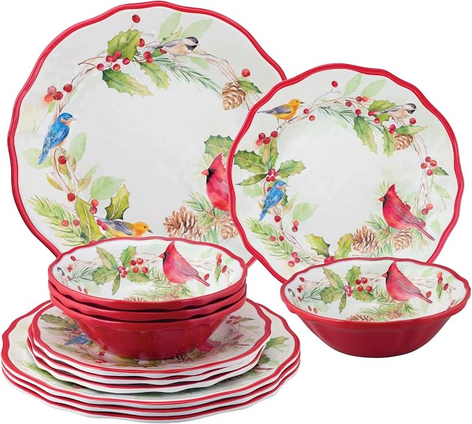 UPware 12 Piece Winter Birds Melamine Dinnerware Sets, Outdoor Dishes Set, Plates and Bowls Sets, Christmas Decorations, Service for 4, Red