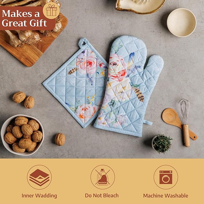 Maison d' Hermine 100% Cotton Oven Mitt & Pot Holder Set (7.5"x13" & 8"x8") Heat Resistant BBQ Cooking Gloves with Loop Baking Grilling Kitchen Gifts for Mothers Day Spring/Summer (Ibiza - Blue)