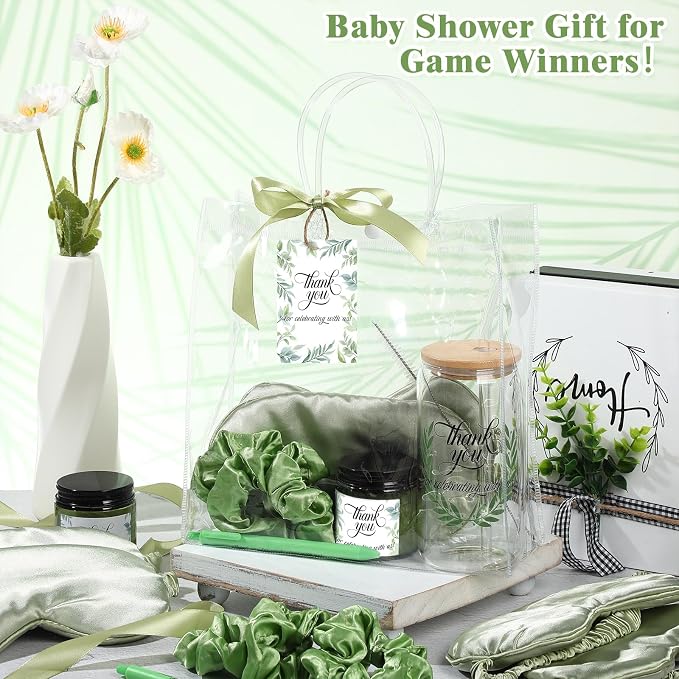 Reallnaive 43 Pcs Baby Shower Prizes for Player Winner Wedding Bridal Shower Favor Gifts Including Glass Cups Aromatherapy Candle Eye Mask Hair Band Greeting Card Pen Ribbon Gift Bag(Sage Style,Green)