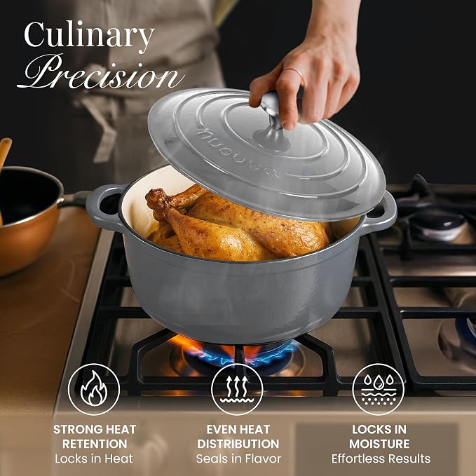 Cast Iron Dutch Oven with Lid - Non-Stick Ovenproof Enamelled Casserole Pot - Sturdy Dutch Oven Cookware - Grey, 3.1- Quart, 22cm- by Nuovva