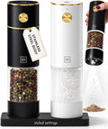 Rechargeable Electric Salt and Pepper Grinder Set – Sleek Stainless Steel White and Black Black Salt and Pepper Grinder Set with USB-C Charging, Adjustable Coarseness, LED Light, One Touch Control
