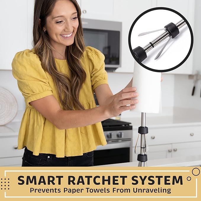 Heavy-Duty Stainless Steel Paper Towel Holder - Easy One-Handed Tear with Suction Cups - Modern Weighted Standing Countertop Dispenser for Kitchen - Holds All Paper Towel Rolls, Silver