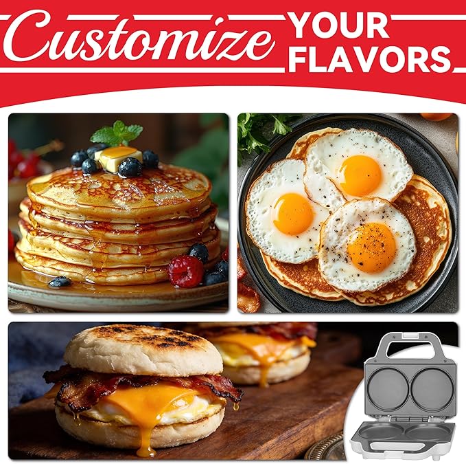 SugarWhisk Double Mini Pancakes Maker Machine, Arepa Maker, Electric Pancake Maker Griddle, Ideal for Pancakes, Cookies, Eggs, Arepas & Breakfast Sandwiches, White, 4 Inch