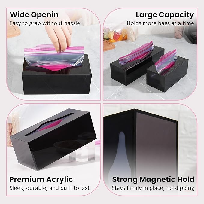 LUVCOSY Acrylic Food Bag Storage Organizer Magnetic Fridge Attachment Compatible with Ziploc Sandwich/Snack/Grip'n Seal Quart, Dispenser for Ziploc Bags, Kitchen Organization and Storage, 1 Pack