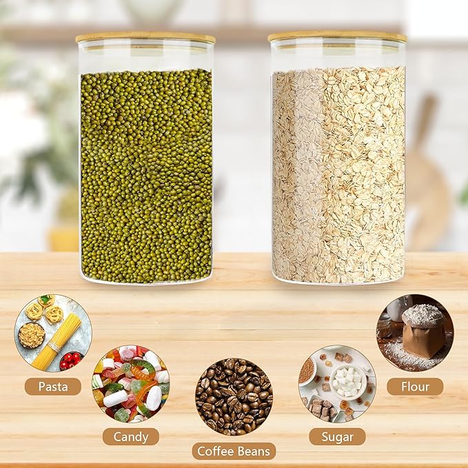 Large Glass Cereal Containers Storage with Airtight Bamboo Lids,Pantry Storage Container,Perfect for Kitchen Organization - Flour, Rice, Pasta, Sugar, Coffee Beans, Accessories Included,2 packs(168oz)