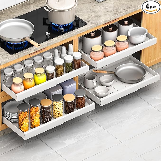 4 Pack Pull Out Cabinet Organizer Expandable,Adjustable 12-21 Inch Width Slide Out Drawer Shelves,Painted Carbon Steel with Heightening Pad,No Drill,for Kitchen/Bathroom/Pantry/Under Sink/Laundry Room