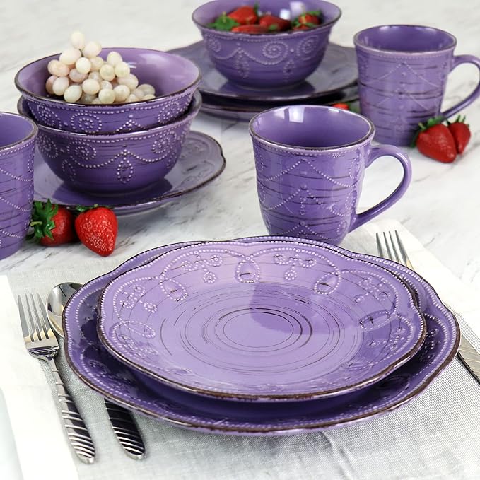 Elama Rustic Birch 16 Piece Stoneware Dinnerware Set in Purple, Purple with Brown Accents, (EL-RUSTICBIRCH)