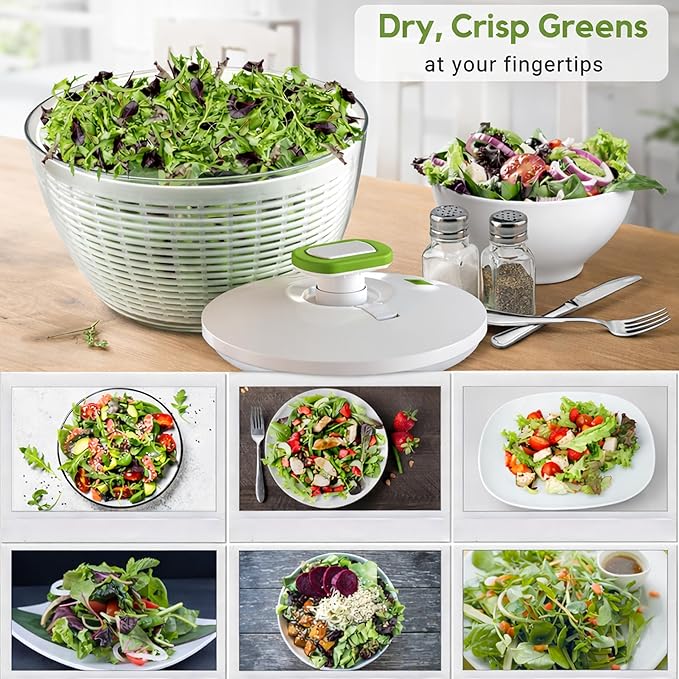Brieftons 6.2-Quart Large Salad Spinner: Vegetable Washer Dryer Drainer Strainer with Bowl & Colander, Easy One-Handed Pump, Compact Storage, for Washing, Cleaning & Drying Greens, Vegetables, Fruits