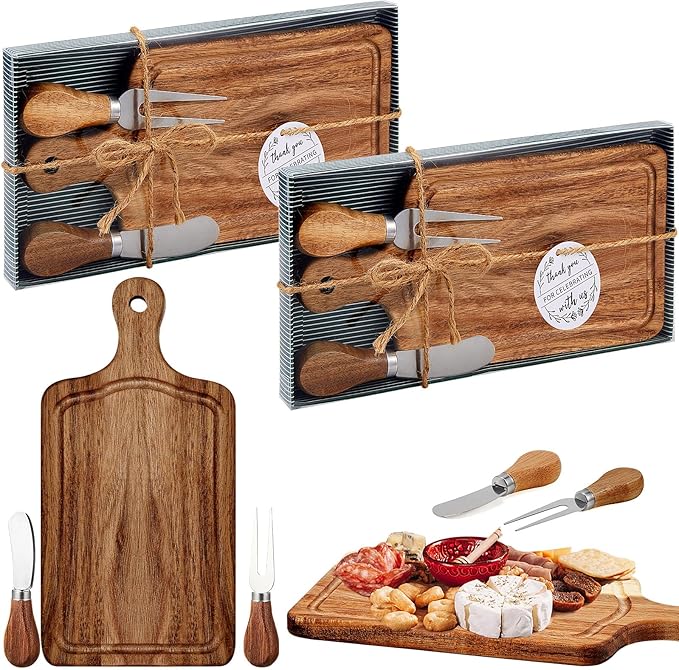 Ziliny 2 Set Bridal Baby Shower Cheese Prizes Wooden Square Board Gift Set Knives Forks Thank You Tags with Box for Guests for Valentines Bridal Baby Shower Housewarming Gifts (Acacia Color)
