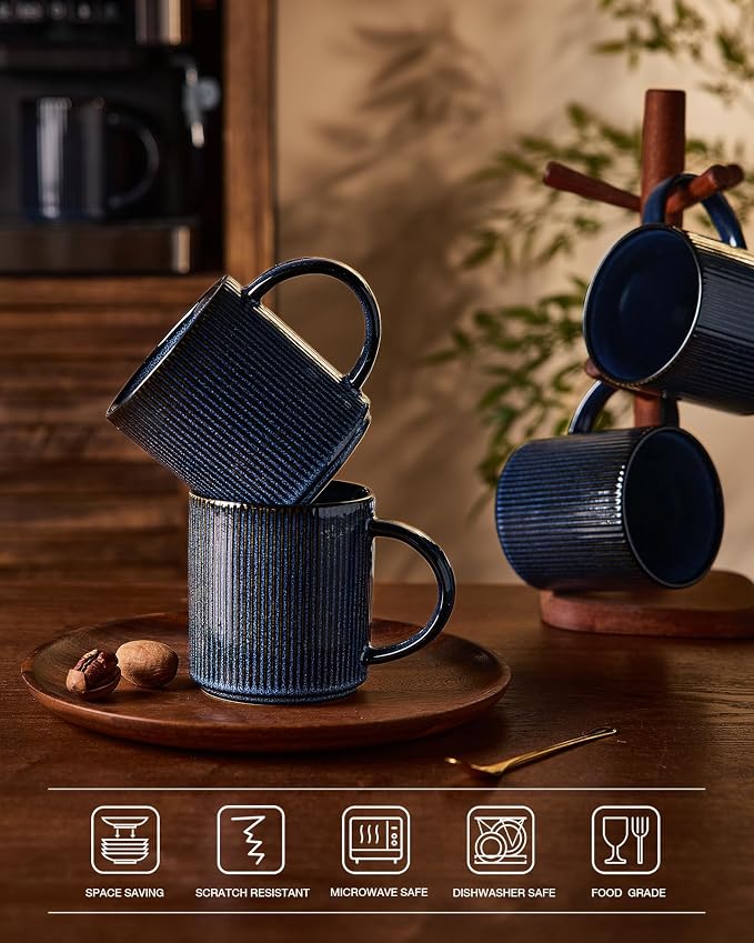 famiware Coffee Mug Set for 6, Star 16 oz Catering Mugs Cup Set with Handle for Coffee, Tea, Cocoa, Milk - Ceramic Stoneware Drinkware Set, Nebulas Blue