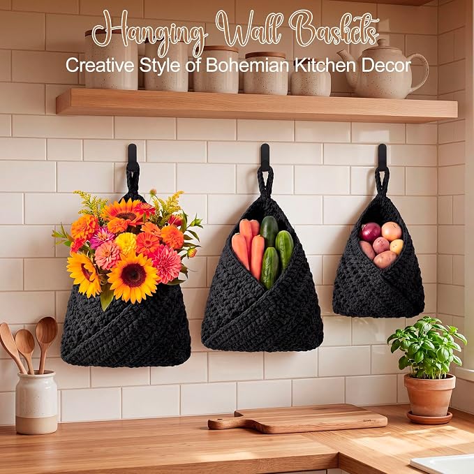 Honeydak Boho Decor Hanging Wall Baskets for Kitchen 3 Pack Teardrop Baskets with Hooks Storage Fruit Onion Vegetable Potato for Home 3 Sizes(Black,Triangle,Cotton Rope)